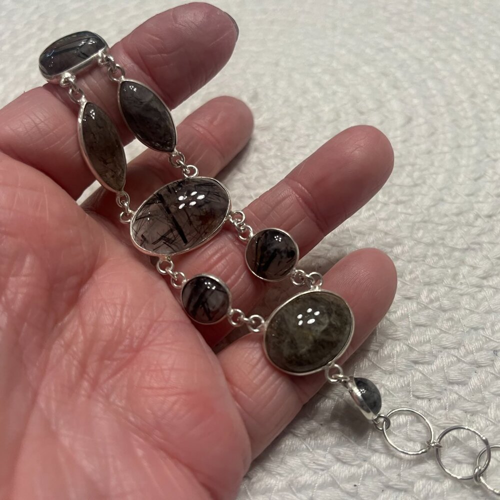 Beautiful BLACK RUTILE Handmade Sterling 925 Bracelet Size 7" #319E - Picture 2 of 3